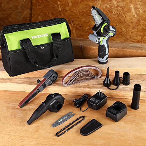 WORKPRO Cordless Detail Belt Sander, Mini Chain Saw, Electric Blower, 3-in-1 Power Tool Combo Kit, 12V, Powerful Brushless Motor, with 2 Batteries, WORKPRO