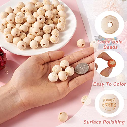 Craftdady 80pcs 15-16mm Round Wood Beads Unfinished Wood European Spacer Beads Large Hole Wooden Beads with Animal Cat Pattern for DIY Macrame Craftdady
