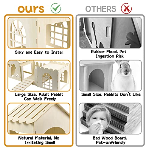 Large Rabbit Wooden Castle Hideout, Multi-Chamber Small Animal Wooden House Cage, Bunny Playhouse Habitat Decor Tunnel for Dwarf Rabbit Guinea Pig Teabelle