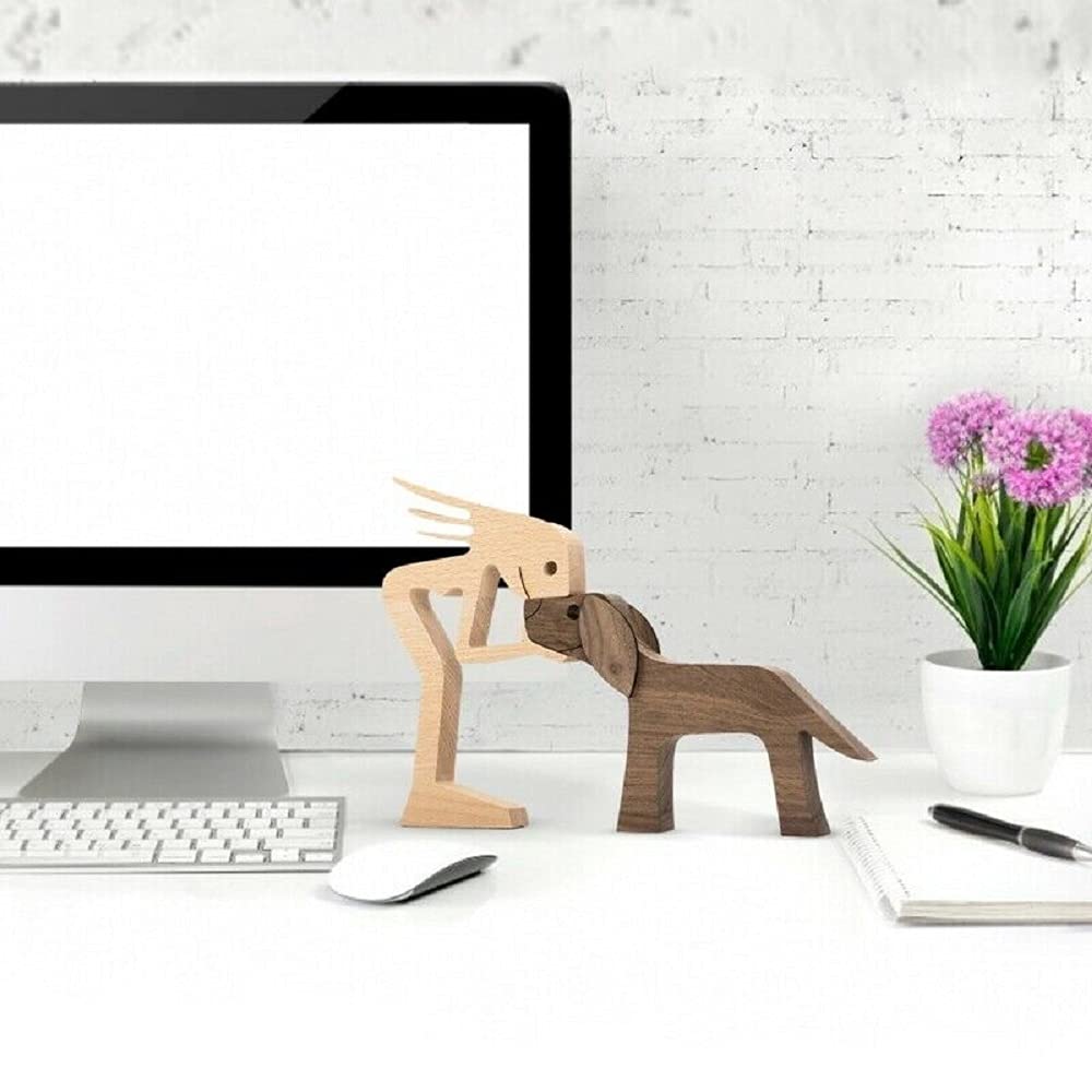 FHTDW Unique Gift Hand Carved Wood Dog Human Statue Figurine Sculpture Home Office Décor, Wooden Man Dog Carving Model to Remember Friendship Between FHTDW
