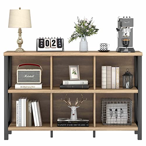 FATORRI Rustic Oak 6-Cube Storage Organizer – Industrial Horizontal Bookshelf with Durable Metal Frame FATORRI