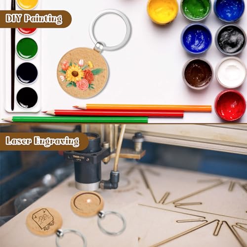 Oungy 50PCS Wooden Keychain Blanks Unfinished Round Wood Keychain Blanks Wooden Key Chain Bulk for Engraving Personalized DIY Gift Crafts Oungy