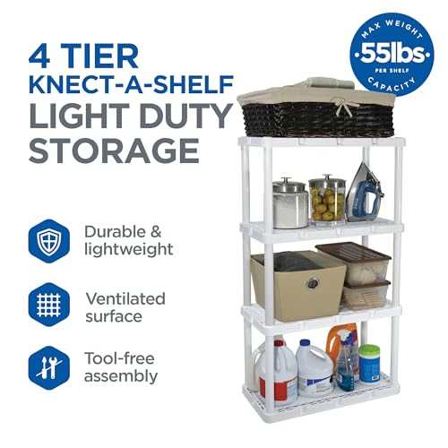 Gracious Living 4 Shelf Knect-A-Shelf Solid Light Duty Storage Unit 12 x 24 x 48 Organizer for Home, Garage, Basement & Laundry, White Gracious Living
