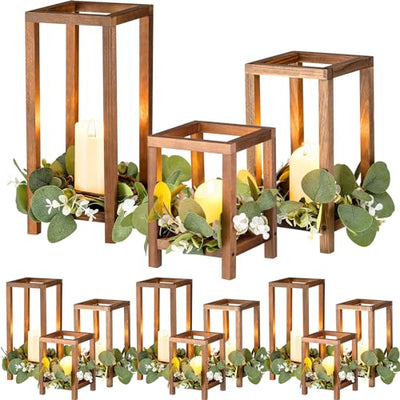 Geelin 12 Set Wooden Candle Lantern Wedding Lantern Centerpiece for Table Farmhouse Lantern Candle Holder Decor Rustic Wooden Lantern for Christmas
