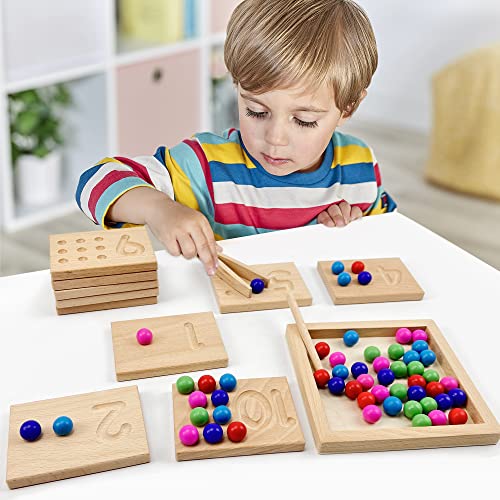 Wooden Number Tracing Board Set, Toddler Montessori Math Beads Counting Toy, Preschool Learning and Educational Math Game for Kids BBtinker