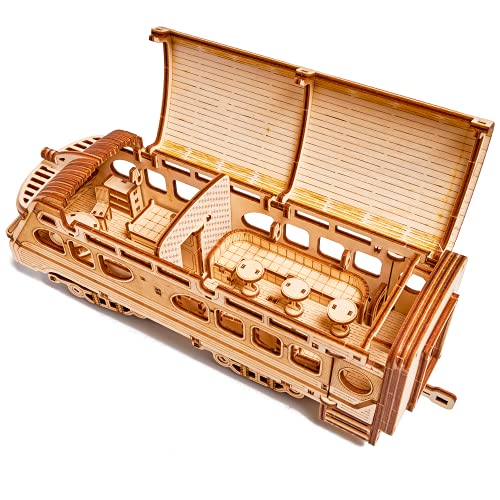 Wood Trick Atlantic Express Train 3D Wooden Puzzles for Adults and Kids to Build - 26.7x4 in - Rides up to 9 ft - Mechanical Locomotive Model Kit for Wood Trick