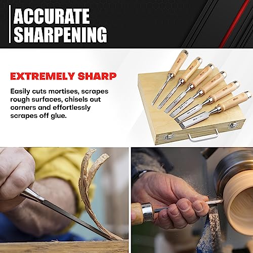C&T 8 Pieces Premium Wood Chisel Set with Wooden Case,6 Pieces Wood Chisel with 2 Sharpening Stone,Woodworking Carving Chisel Kit,Chrome Vanadium C&T