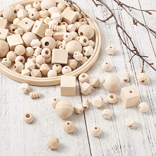 150pcs Assorted Natural Wooden Beads Round/Cube/Polygon/Bicone/Column/Rondelle/Oval Wood Spacer Beads Unfinished Loose Beads for Jewelry Making EEE ELECRELIVE
