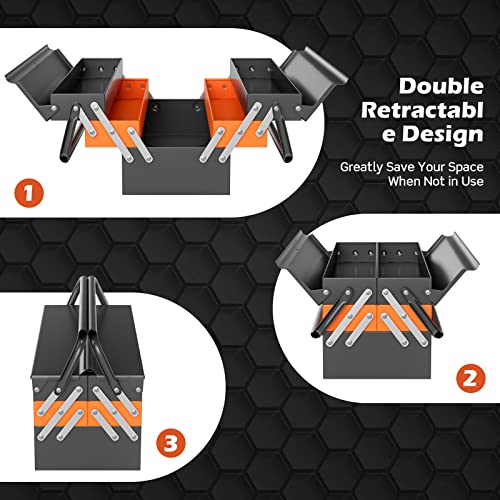 Nightcore 27” x 21” x 8.5” Metal Tool Box, 5-Tray Cantilever Tool Box with 3 Levels Fold Out Organizer Storage, Portable Folding Tool Organizer with Generic