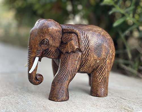 Land of Simple Treasures Hand Carved Wooden Elephant Statue - Wood Elephant Carving from Thailand - Feng Shui Elephant Figure - Brown, 5.5 Inches Land of Simple Treasures
