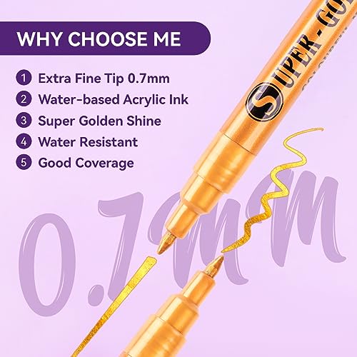 LIGHTWISH Metallic Paint Pens Glitter Markers,Sparkle Ultra Fine Point 0.7mm Acrylic Paint Markers,Super Golden Metallic Markers for Black Paper LIGHTWISH