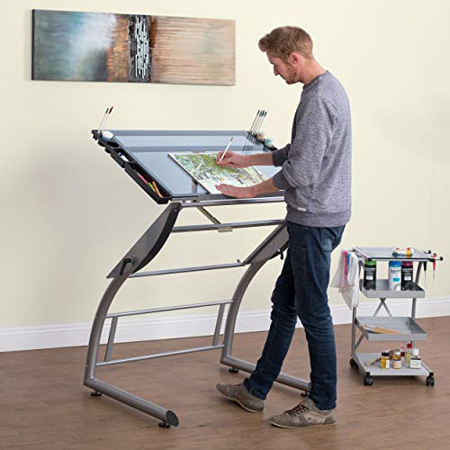 SD STUDIO DESIGNS Triflex Drawing Table, Sit to Stand Up Adjustable Office Home Computer Desk, 35.25" W X 23.5" D, Silver/Blue Glass SD STUDIO DESIGNS