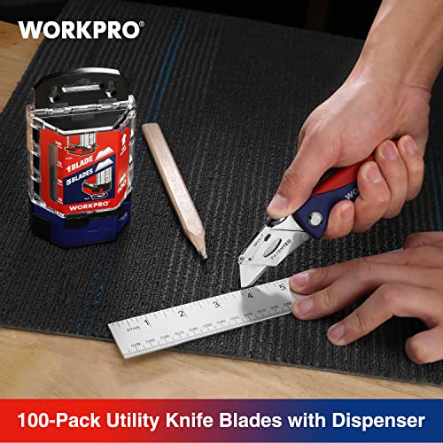 WORKPRO Utility Knife Blades, 100-Pack Utility Blades Replacement with Dispenser, SK5 Carbon Steel, Red WORKPRO