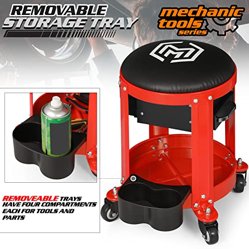 M-AUTO Rolling Workshop Mechanic Stool Creeper Seats with Tool Storage Drawers and Can Holders, 300LbS Garage Rolling Toolbox Stool with Wheels, Work M-AUTO