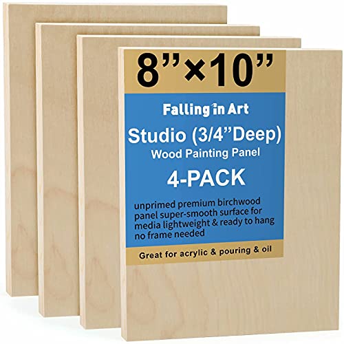 Falling in Art Unfinished Birch Wood Canvas Panels Kit, Falling in Art 4 Pack of 8x10’’ Studio 3/4’’ Deep Cradle Boards for Pouring Art, Crafts, Falling in Art