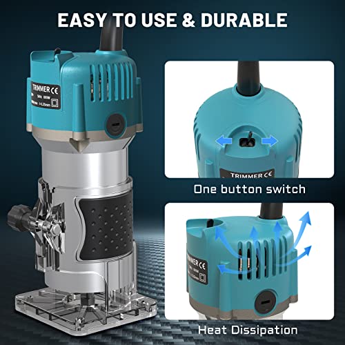 TwoWin Router Tool, 110V 800W Compact Palm Wood Router Tool for Woodworking, Electric Hand Trimmer 1/4" Collets Woodworking Tool Laminate Trimmer + TwoWin