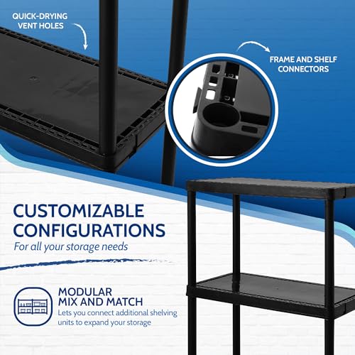 Gracious Living Multipurpose 4 Shelf Modular Design Solid Plastic Lightweight Storage Unit for Indoor and Outdoor Home or Office Organization, Black Gracious Living
