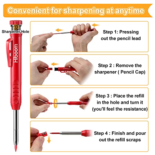 Hiboom 4 Pack Carpenter Pencils Set with 24 Refills, 2.8 mm Mechanical Carpenter Pencil Built in Sharpener Woodworking Marking Tool Solid Long Nosed Hiboom
