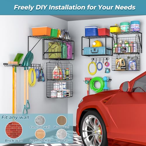 ThreeHio Garage Shelf Wall Mounted with Wire baskets, Heavy Duty Garage Wall Shelving with Garden Tool Rack and Hooks, Wire Shelf Baskets Tool ThreeHio