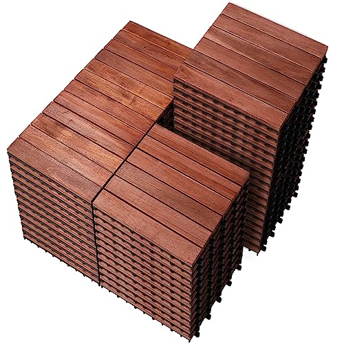 PrimeZone 54 PCS Solid Acacia Wood Interlocking Patio Deck Tiles - 12" x 12" Indoor Outdoor Waterproof Flooring Tiles for Balcony, Backyard, Garden & PrimeZone