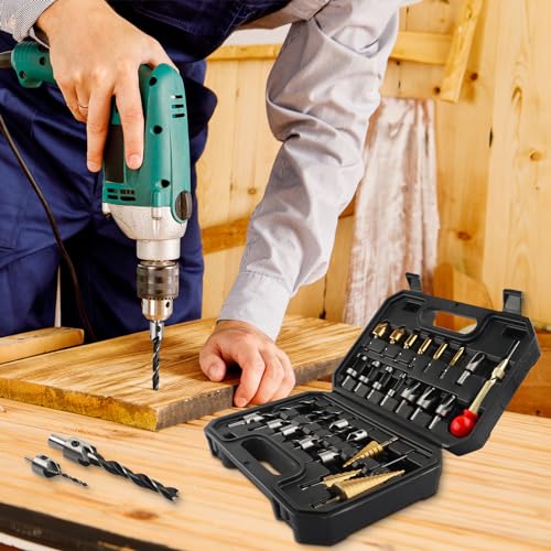 Rocaris 26 Pack Woodworking Chamfer Drilling Tools, Including Countersink Drill Bits, Wood Plug Cutter, Step Drill Bit, Center Punch, L-Wrench Rocaris