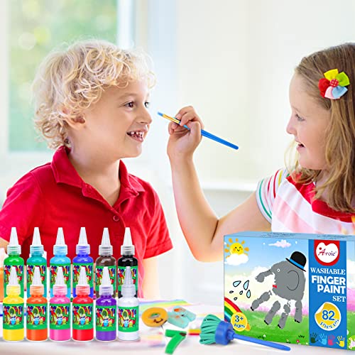 AROIC Washable Finger Paint set, 82 Pack Washable Kids Paint Set with 12 Color Finger Paints, Sponges, Paint Brushes, Waterproof Paint Apron, Palette AROIC