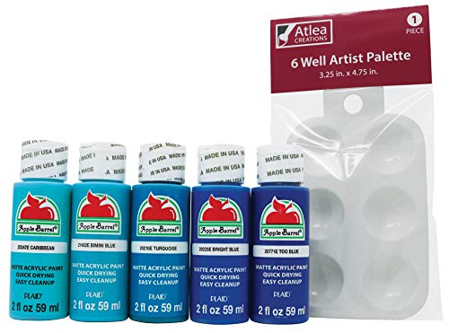 Apple Barrel Blue Acrylic Paint Set & Complimentary Palette - Caribbean, Bimini, Turqoise, Bright, Too Blue (5 Bottles, 4 Ounces Each) Atlea Creations