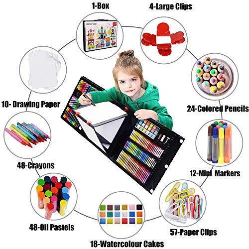 Art Supplies, KINSPORY 228 Pack Art Sets Crafts Drawing Coloring kit, Double-Side Trifold Easel, Oil Pastels, Crayons, Colored Pencils, Creative Gift KINSPORY