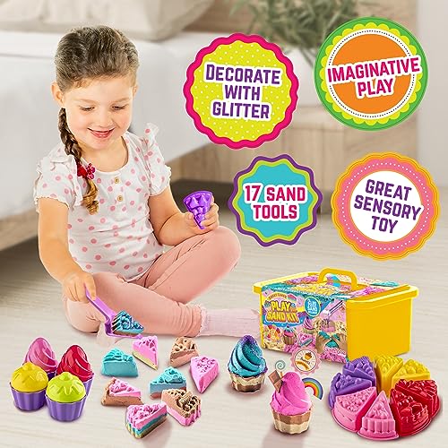 GirlZone Sweet Cakes Play Sand Kit, Fun Sand Box Toys Kit with 2lbs Moldable Sensory Sand and 17 Sandbox Sand Tools, Fun Sand Toys for Toddlers Age GirlZone