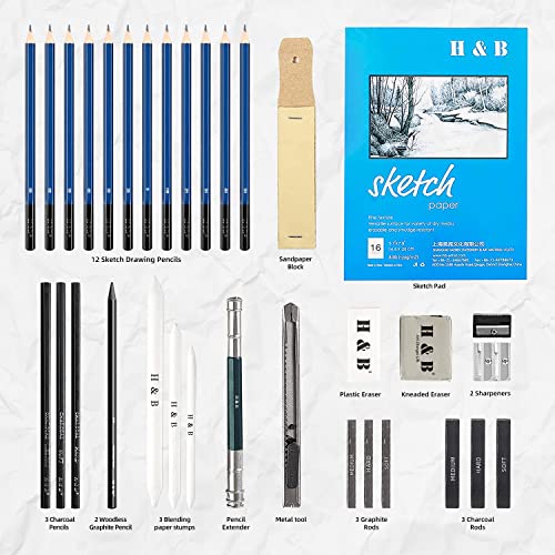 H & B Drawing Pencils Set, 33 Pieces Sketch Pencils & Drawing Kit, Includes Sketch Pad, Graphite Pencils, Charcoal Sticks and Eraser, Supplies for H & B
