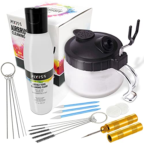 Airbrush Cleaner Kit With Brush Cleaner Solution - Ultimate Airbrush Cleaning Kit, Holder, and Pot for Efficient Cleaning of Airbrushes - Glass Clean Pixiss