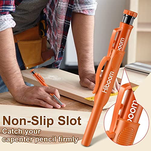 Hiboom 2 Pack Solid Carpenter Pencils with Pencil Cap and 18 Refills, Long Nose Deep Hole Mechanical Pencil Marker, Scribe Tool with Built-in Hiboom