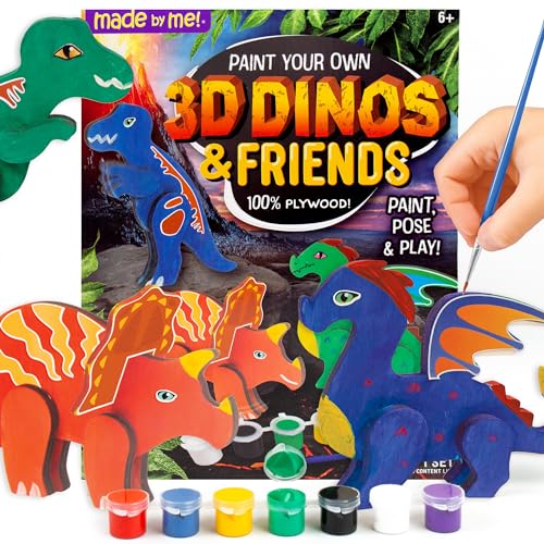 Made By Me Paint Your Own 3D Dinos & Friends, Includes 3 Dinosaurs to Paint, 7 Acrylic Paints, Dino Stickers, Dinosaur Made from Wood, Custom Made By Me