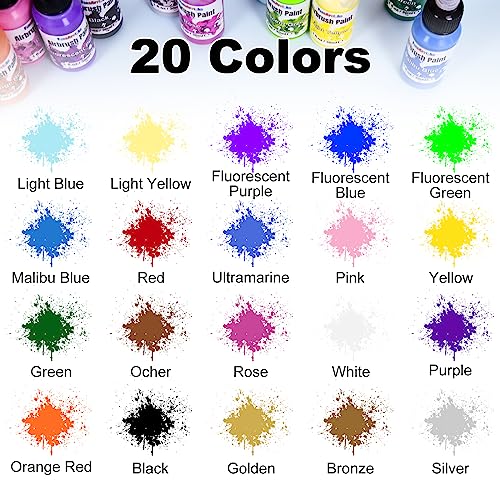 Airbrush Paint, 20 Colors Acrylic Air brush Paint Kit, Water-based, Opaque & Neon Colors, Pearl Colors, for Beginners, Artists, DIY Projects, FansArriche