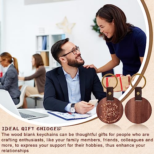 Ecally 48 Pcs Wooden Keychain Blanks Leather Strap Wood Keychain Blanks Round Wood Keyring with for DIY Employee Coworker Gift Craft Ecally