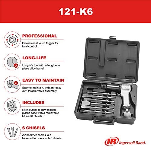 Ingersoll Rand 121-K6 Super Duty Air Hammer Kit, 121/Q Tool Plus 6 PC Chisel Set with Storage Case, Touch Trigger for Max Control, 3000 BPM Ingersoll Rand