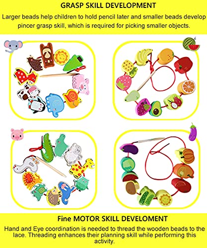 BMTOYS Montessori Educational Threading Toys Wooden Stringing Farm Animals Fruits Lacing Beads Preschool Toy for Toddler 3 4 5 Year Old Boys Girls BMTOYS