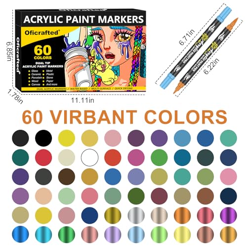 Oficrafted 60 Colors Dual Tip Acrylic Paint Pens Markers, Premium Acrylic Paint Markers with Brush and Fine Tip, Acrylic Paint Pens for Rock Oficrafted