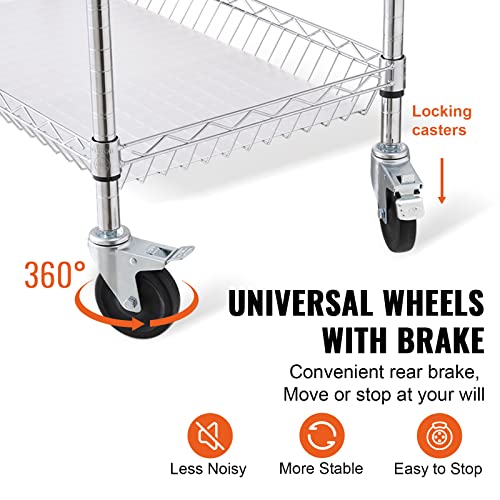 VEVOR Kitchen Utility Cart, 3 Tiers, Wire Rolling Cart with 661 LBS Capacity, Steel Service Cart on Wheels, Metal Storage Trolley with 80 mm Deep VEVOR