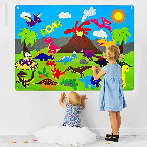WATINC Dinosaur Felt-Board Stories Set 3.5Ft 37Pcs Preschool Dinosaurs Classification Storytelling Flannel Roar Volcano Ancient Animal Theme Early WATINC
