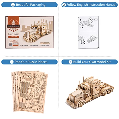 RoWood Model Car Kit to Build,3D Wooden Puzzle, Scale Mechanical Vehicle Model Building Kits, Best Toys Gift for Adults & Teens - Heavy Truck RoWood