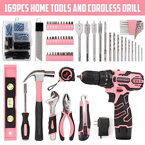 COMOWARE 12V Pink Cordless Drill Driver and Home Tool Kit, Pink Drill Set for Women, Lady's Home Repairing Tool Kit with Power Drill, Large-Capacity COMOWARE