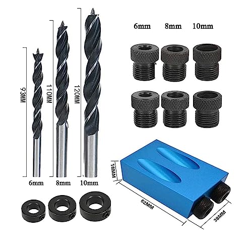 Pocket Hole Jig 14Pcs Kit - Woodwork Guides Joint Angle Tool Carpentry Locator - 15° Woodworking Inclined Hole Fixture 6/8/10mm Drill Bits Dowel VELNUT