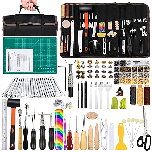 328Pcs Leather Tooling Kit, Leather Kit with Manual, Leather Working Tools and Supplies, Leather Stamp Tools, Stitching Groover and Rivets Kit ZMAAGG