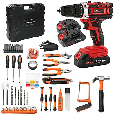 BeHappy Cordless Drill Set, 21V Power Drill Kit, Electric Power Drill Set with 2 Batteries and Charger, 25+3 Torque Setting, 2 Speed, 315 In-lb, LED,