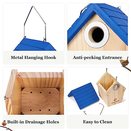 Kingsyard Wooden Bird House with Predator Guard, Wren Bird Nesting for Outdoor, Garden Patio Nest Box for Wild Bird Watching, Royal Blue Kingsyard