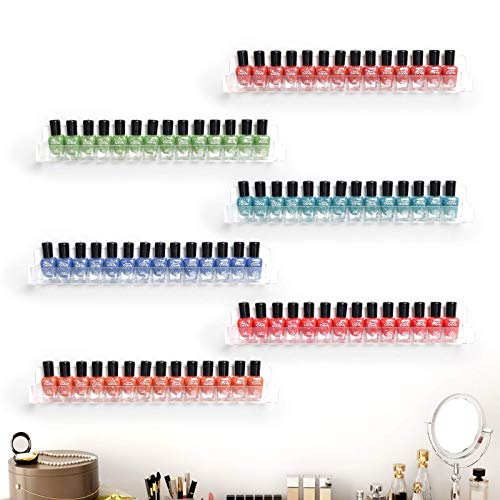 BTremary Acrylic Nail Polish Wall Mounted Holder Organizer Storage Rack Clear 6 Pack Hanging Nail Polish Shelf Floating Wall Mount Hold up to 96 BTremary
