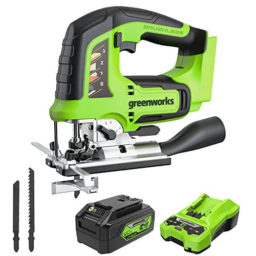 Greenworks 24V Brushless 1" Cordless Jig Saw (3,000 SPM / 4 Settings / LED Light), 4.0Ah USB Battery and Charger Included Greenworks
