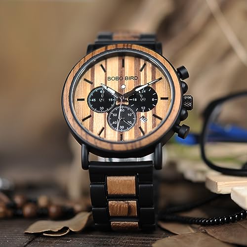 BOBO BIRD Mens Personalized Engraved Wooden Watches, Stylish Wood & Stainless Steel Combined Quartz Casual Wristwatches for Men Family Friends BOBO BIRD