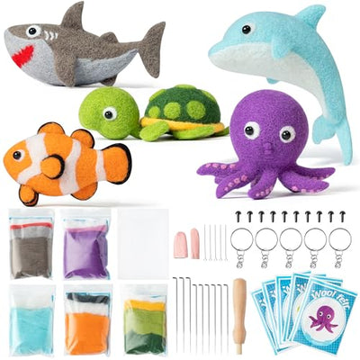 WATINC Set of 5 Sea Wool Needle Felting Kit, Ocean Animals Doll Making Wool Needle Felting Starter Kit, DIY 5 Unique Designs Needle Felting Craft
